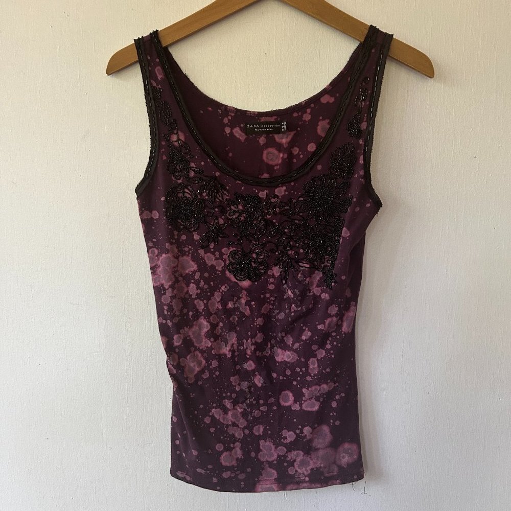 Zara Fitted Whimsigoth Tank Top Womens Medium Purple Floral Beaded Fairy Y2K
